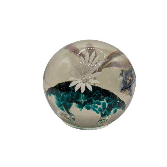 Handcrafted Glass Paperweight With Embedded Floral Design & Teal Accents - Picture 8 of 10